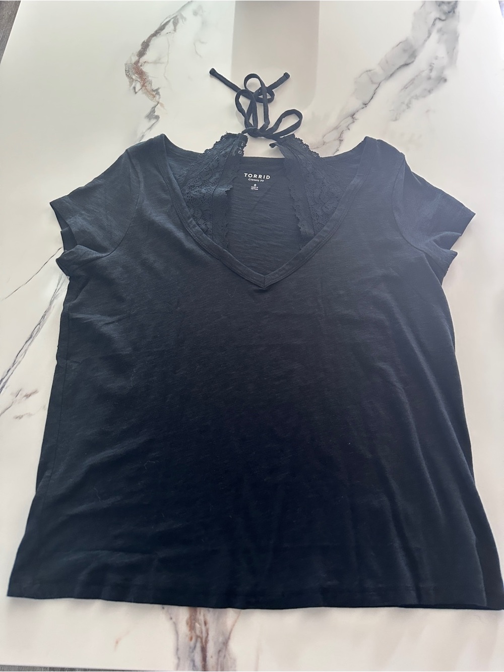 torrid Black V-Neck Short Sleeve Top with Lace Back Tie